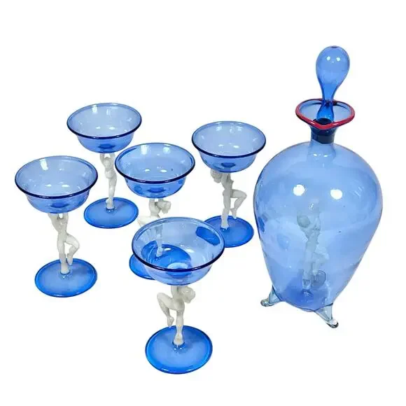 Vintage Bimini Blue Glass Liqueur Decanter Set by Fritz Lampl Blown Art 1920s - Picture 2 of 11